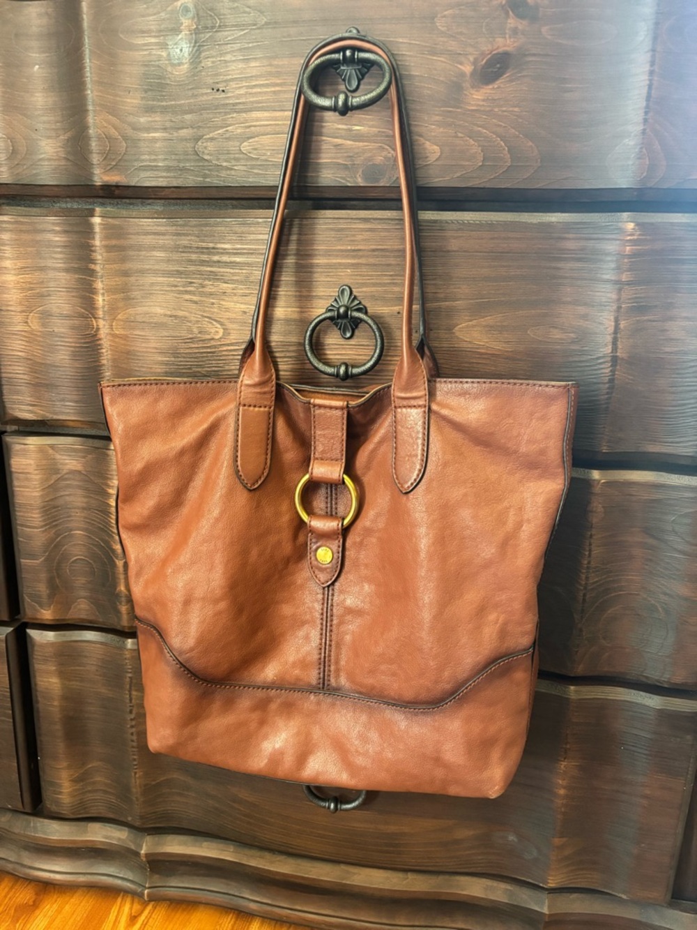 Frye Leather Ring Tote Bag Purse, Cognac, Genuine Leather - Picture 9 of 14